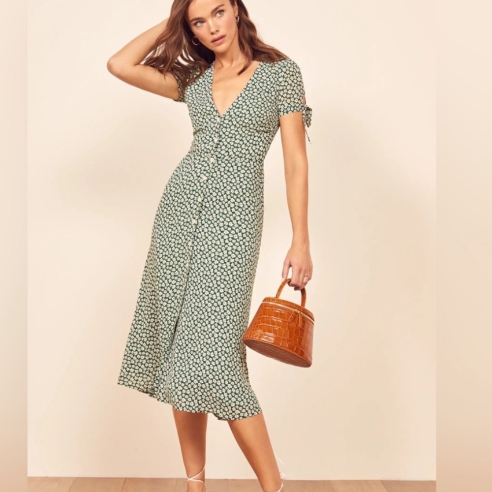 Reformation Rosalinda Green Floral Tie Sleeve Button Front Midi Dress